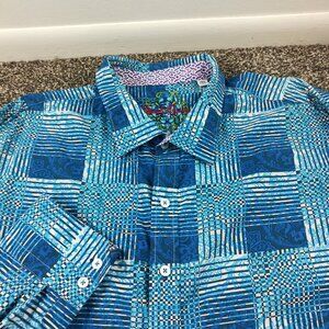 Robert Graham Shirt Paisley Plaid L/S Button Up Flip Cuff Blue Mens 2XL